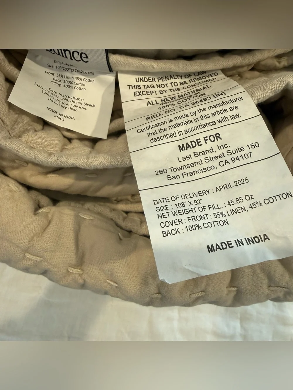 New Quince European Linen Cotton Stitch Quilt Set King/CalKing $219.90 - Natural